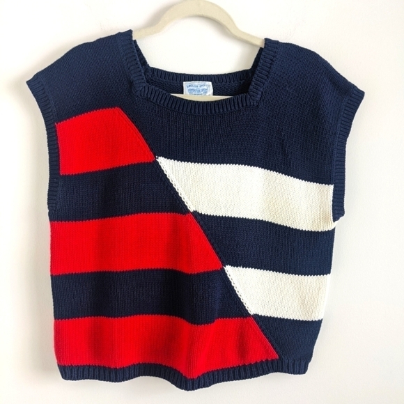 Vintage Sweaters - VINTAGE Preppy Sweater Vest Red white and navy Geometric xl